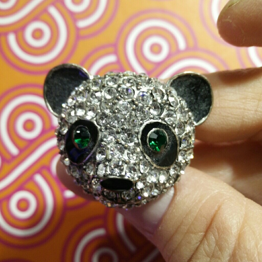 Betsey Johnson Panda Bear Stretch Ring Blinged Out